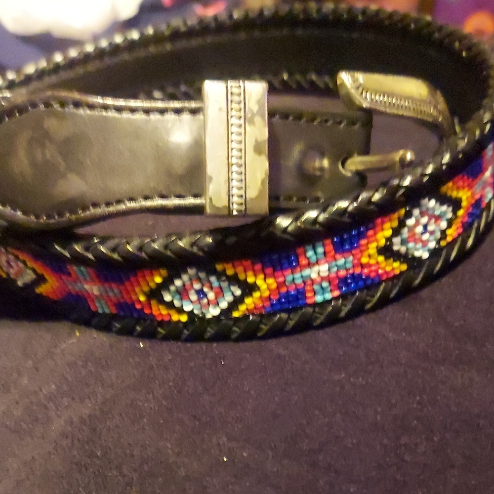Huichol Colorful Bead Art Mexican Folk Art Leather Belt W. Statemen Buckle